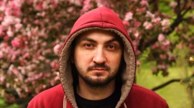 Kapüşonlu, yakışıklı, sakallı bir adam. Bahar günü. Taze pembe sakura çiçeği. Sakallı şık adam..