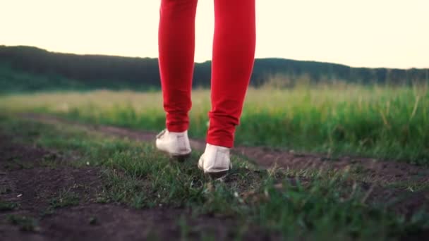 Toprak yolda yürüyen kadın ayakları, ağır çekimde. — Stok video