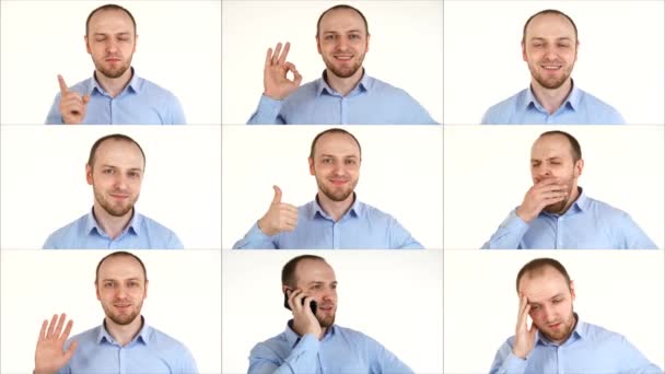 Multiscreen auf Zeigen unterschiedlicher Emotionen ein kaukasischer Mann auf weißem Hintergrund. — Stockvideo