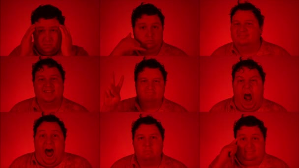 Multiscreen sur montrant l'émotion différente un homme à l'éclairage rouge. — Video