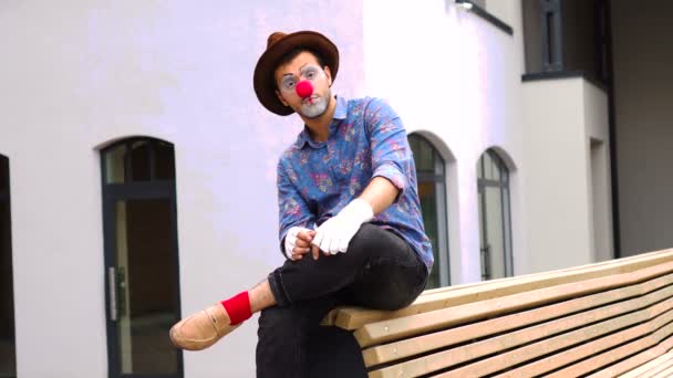 Guapo mimo hombre con sombrero sentado en el banco al aire libre — Vídeo de stock