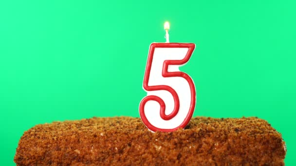 Cake with the number 5 lighted candle. Chroma key. Green Screen. Isolated — Stock Video