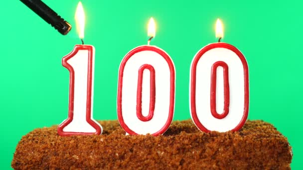 Cake with the number 100 lighted candle. Chroma key. Green Screen. Isolated — Stock Video