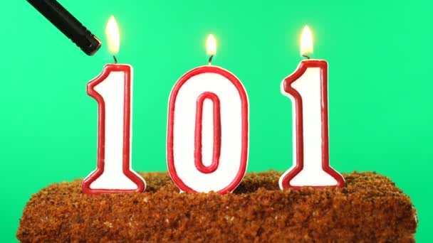 Cake with the number 101 lighted candle. Chroma key. Green Screen. Isolated — Stock Video