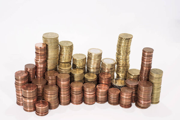 A bunch of Euro coins money. Isolated on white background.