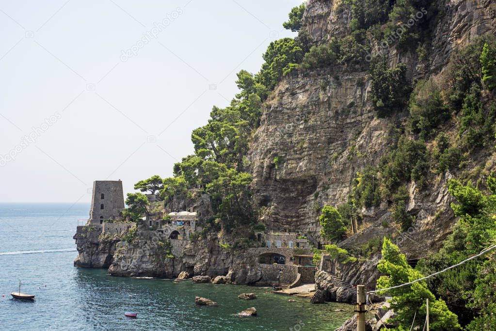 Coastline of Italian city Positano. Summer sunny day. Vacation abstract photo. High quality photo.