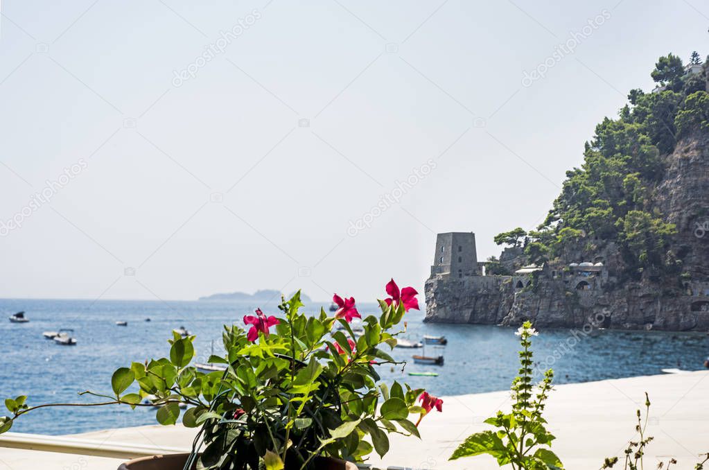 Coastline of Italian city Positano. Summer sunny day. Vacation abstract photo. High quality photo.