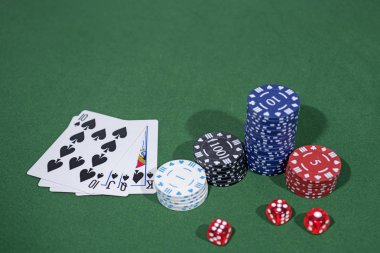 Kumarhane soyut fotoğrafı. Kırmızı arka planda poker oyunu. Kumar teması.