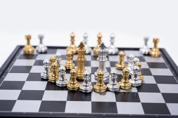 Chess Board Isolated White Background Golden Silver Figures — Stock Photo, Image