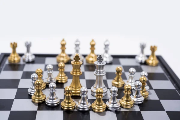 Chess Board Isolated White Background Golden Silver Figures — Stock Photo, Image