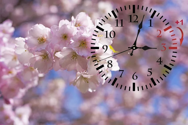 Hora de Verão. Hora de Verão. Relógio de parede indo para a hora de inverno. Vire o tempo para frente . — Fotografia de Stock