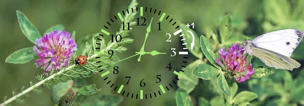 Hora de Verão. Hora de Verão. Relógio de parede indo para a hora de inverno. Vire o tempo para frente . — Fotografia de Stock