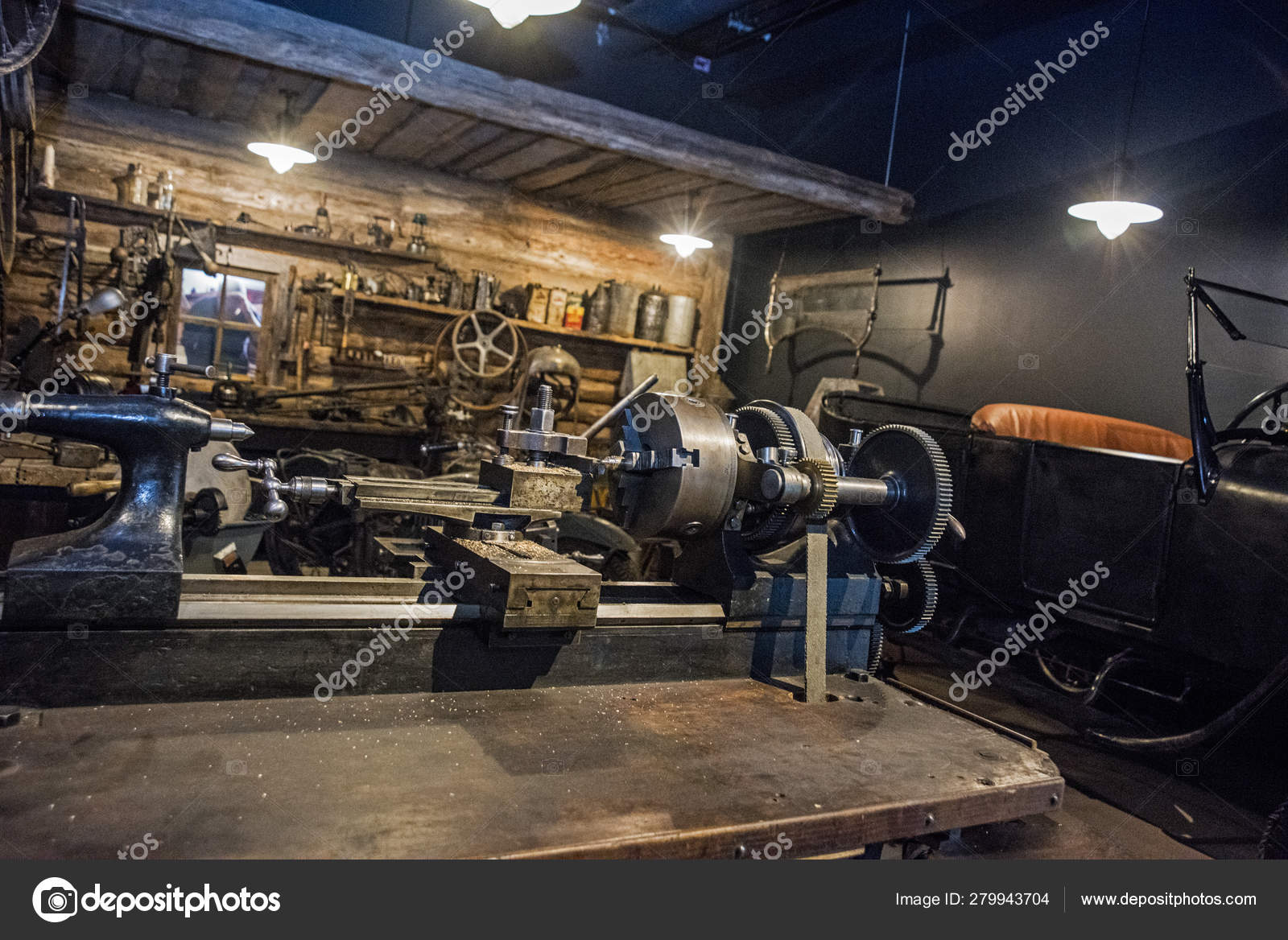 Workshop Scene Old Tools Hanging On Wall In Workshop Tool Shelf