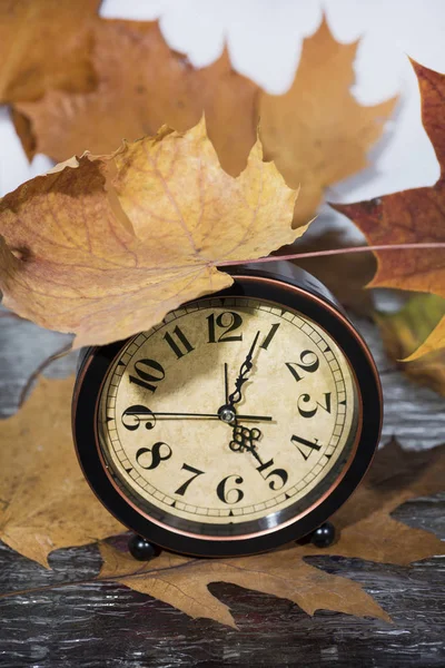 Vintage fekete ébresztőóra az őszi levelek. Idő változás absztrakt fénykép. Nyári időszámítás. — Stock Fotó