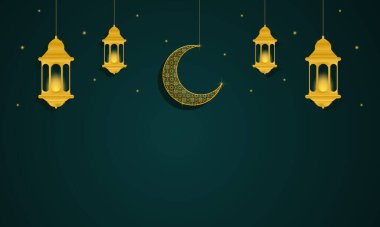 Ramazan Kareem. İslam geçmişi. Ramazan 'da İslami bayram davetiyeleri. Hilal şeklinde altın şablonlar. Lüks tasarım. Vektör illüstrasyonu.