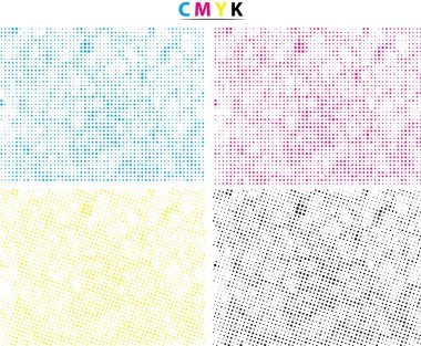 Cmyk yarım tonlu nokta desenli vektör çizimi, yarım tonlu noktalar ve kareler beyaz arkaplanda,
