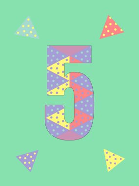 Polka noktalı beş numaralı neşeli üçgenli renkli soyut bir grafik.