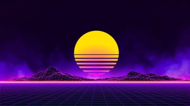 Ufukta parçacıklar ve yıldızlar olan soyut dijital manzara. Kablo çerçeveli peyzaj. Büyük Data. 3d fütüristik vektör çizimi. 80 'lerin Retro Bilim-Kurgu Arkaplanı