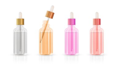 Gerçekçi kozmetik kapları farklı renk camları ve kolajen solüsyon reklam arkaplanı kullanıma hazır, lüks cilt bakım kremi. Güzellik ürünü reklam tasarımı. Şeffaf pipet