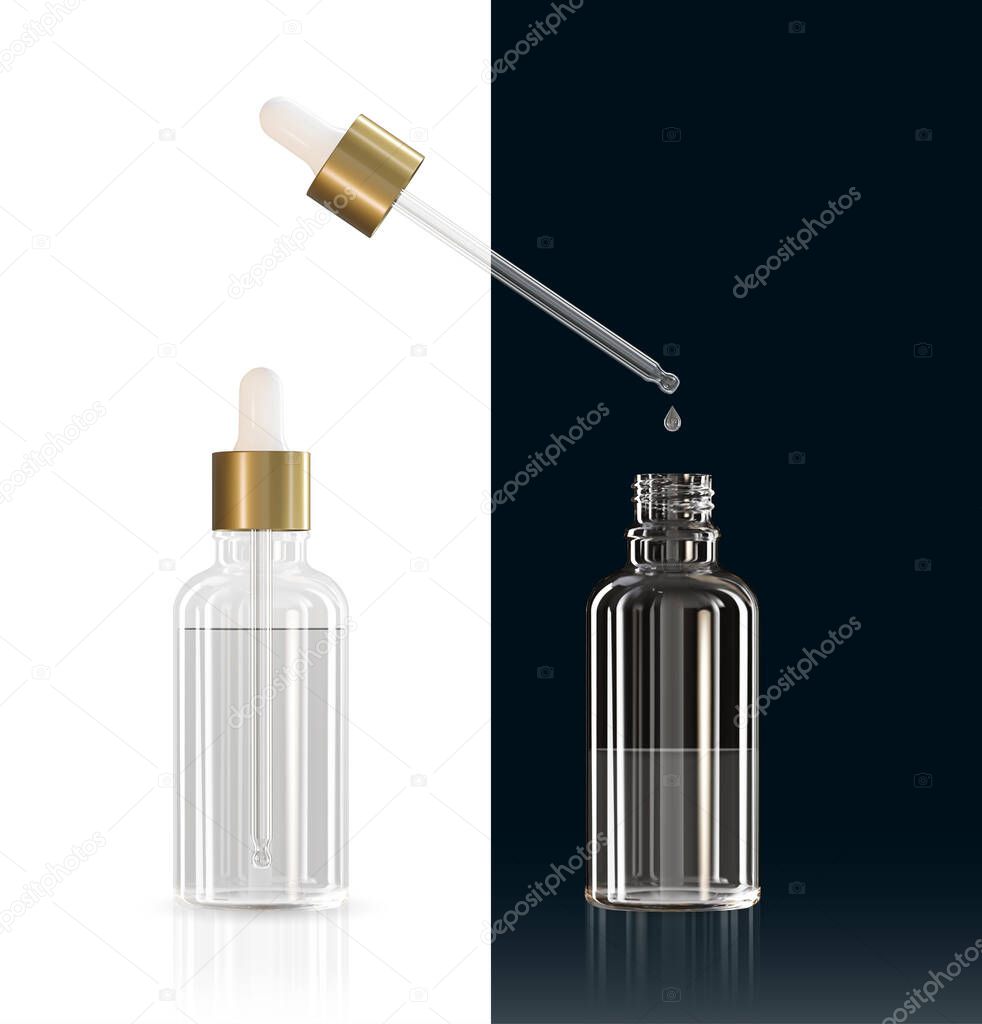 White realistic cosmetic container with gold cap with collagen solution advertising background ready to use, luxury skin care cream. Beauty product ad design. Transparent pipette
