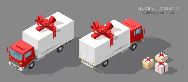 Kostenloser Versand Vektor Illustration Isolierter Lieferwagen Mit Roter Schleife Geschenkbox — Stockvektor