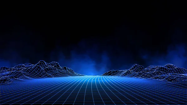 Ufukta parçacıklar ve yıldızlar olan soyut dijital manzara. Kablo çerçeveli peyzaj. Büyük Data. 3d fütüristik vektör çizimi. 80 'lerin Retro Bilim-Kurgu Arkaplanı
