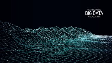 Vektör retro fütüristik arka plan. Ufukta parçacıklar ve yıldızlar olan soyut dijital manzara. Kablo çerçeveli peyzaj. Büyük Veri Dijital retro manzara Retro Bilim-Kurgu Arkaplanı.