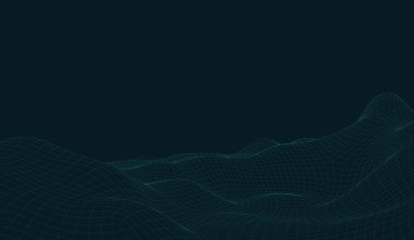 Vektör retro fütüristik arka plan. Ufukta parçacıklar ve yıldızlar olan soyut dijital manzara. Kablo çerçeveli peyzaj. Büyük Veri Dijital retro manzara Retro Bilim-Kurgu Arkaplanı.