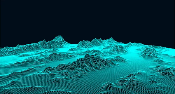 Ufukta parçacıklar ve yıldızlar olan soyut dijital manzara. Kablo çerçeveli peyzaj. Büyük Data. 3d fütüristik vektör çizimi. 80 'lerin Retro Bilim-Kurgu Arkaplanı