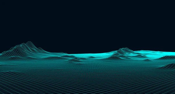 概要水平線に粒子ドットや星を持つデジタル風景です ワイヤーフレームの風景の背景 ビッグデータ 3D未来のベクターイラスト 80レトロ Sci Background — ストックベクタ