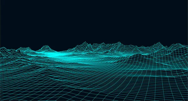Ufukta parçacıklar ve yıldızlar olan soyut dijital manzara. Kablo çerçeveli peyzaj. Büyük Data. 3d fütüristik vektör çizimi. 80 'lerin Retro Bilim-Kurgu Arkaplanı