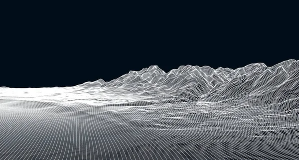 Abstract Digitaal Landschap Met Deeltjes Stippen Sterren Aan Horizon Wireframe — Stockvector