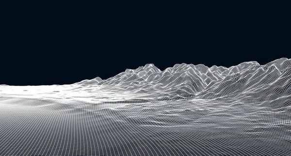 概要水平線に粒子ドットや星を持つデジタル風景です ワイヤーフレームの風景の背景 ビッグデータ 3D未来のベクターイラスト 80レトロ Sci Background — ストックベクタ