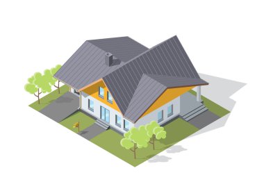 Beyaz arka planda gölgesi olan Isometric modern büyük ev. Emlak, kira ve ev konsepti. Banliyö binasını temsil eden 3D bilgi ögesi. Peyzaj tasarımı