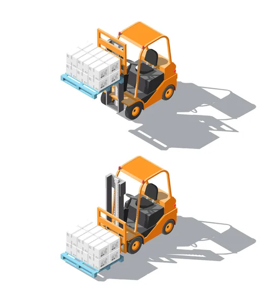 Set isometrico Carrello elevatore con pallet e cassette isolate su fondo bianco. Caricatore a forcella, azienda logistica, magazzino. Infografica di consegna 3D Cargo. Carrello elevatore con la forcella sollevata e abbassata — Vettoriale Stock