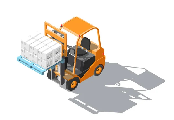 Ισομετρική Forklift φορτηγό με παλέτα και κουτιά που απομονώνονται σε λευκό φόντο. Φορτηγό, εταιρεία logistics, αποθήκη. 3D Cargo infographics παράδοση. Forklift με το πιρούνι έθεσε και μείωσε — Διανυσματικό Αρχείο