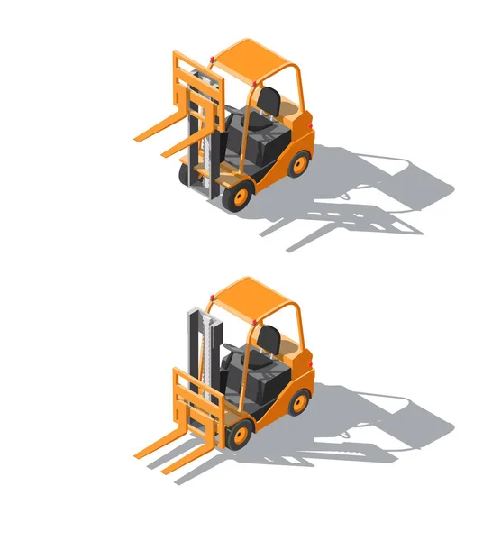 Isometric set Forklift truck with pallet and boxes isolated on white background. Fork loader, logistics company, warehouse. 3D Cargo delivery infographics. Forklift with the fork raised and lowered — Stock Vector
