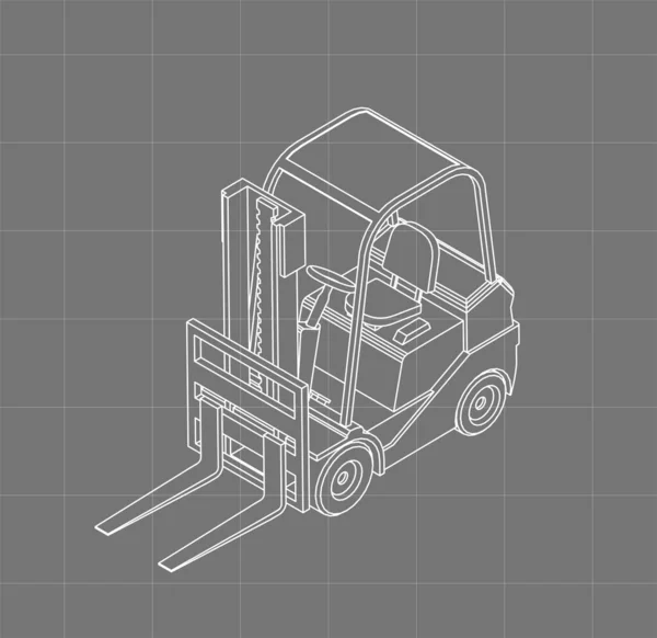 Croquis de chariot élévateur isométrique. Style de filaire vectoriel 3d. Schéma directeur du chariot élévateur. Dessin du véhicule — Image vectorielle