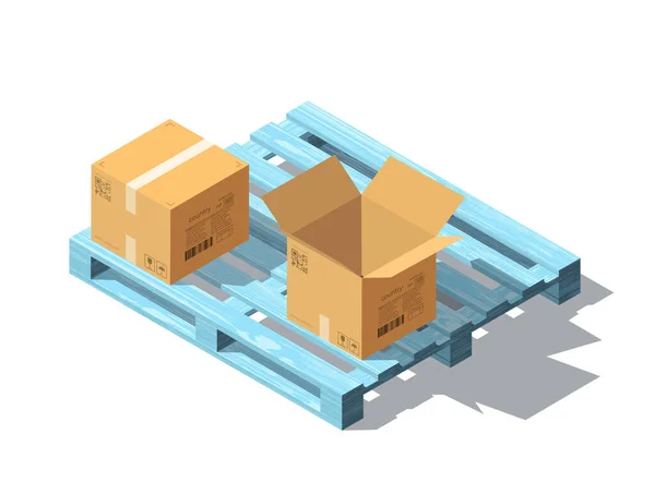 Palet kayu vektor Isometric dan kotak dengan bayangan. Terisolasi di latar belakang putih. Tekstur kayu - Stok Vektor