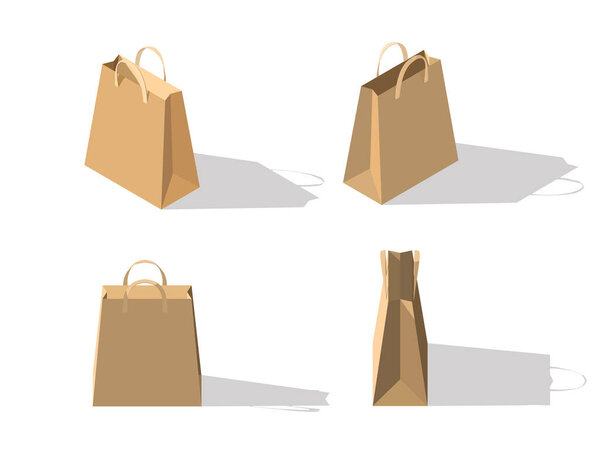 Isometric carton shopping bags. Set of packages in different positions. Front and side view of retail purchase packaging. Bags of mockup with empty space. Vector