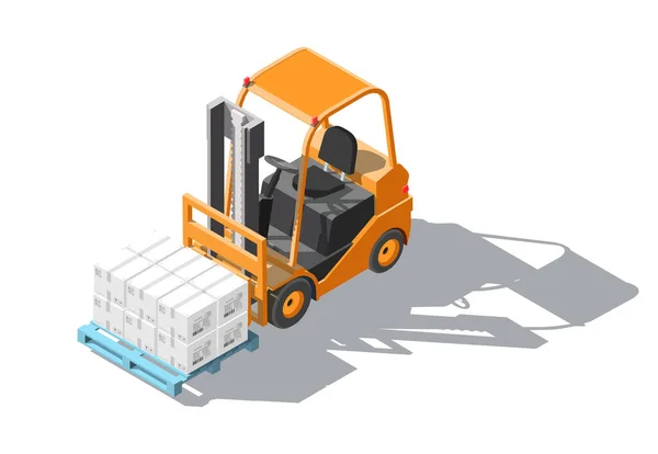 Truk Forklift dengan palet dan kotak diisolasi dengan latar belakang putih. Fork loader, perusahaan logistik, gudang. Infografis pengiriman Kargo 3D. Forklift dengan garpu terangkat dan diturunkan - Stok Vektor