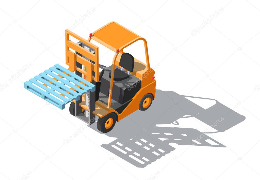 Isometric Forklift truck with pallet isolated on white background. Fork loader, logistics company, warehouse. 3D Cargo delivery infographics. Down