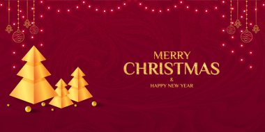 Tatil sezonu için zarif ve şenlikli bir arka plan. Geometrik altın Noel ağaçları, parlak yazılar ve zengin kırmızı bir zemin üzerinde parlayan sicim ışıkları.