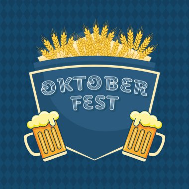 Alman Ekim Festivali için klasik bir kalkan tasarımı. İki köpüklü bira bardağı ve bir demet buğday, parti davetiyeleri veya promosyon malzemeleri için mükemmel..