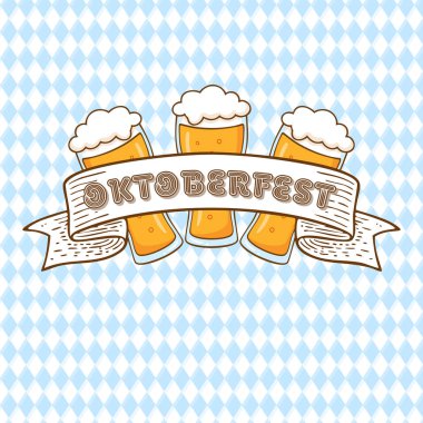 Oktoberfest için büyüleyici, elle çizilmiş bir tasarım. Üç köpüklü bira bardağı ve klasik mavi-beyaz Bavyera elmas desenli bir kutlama kurdelesi..