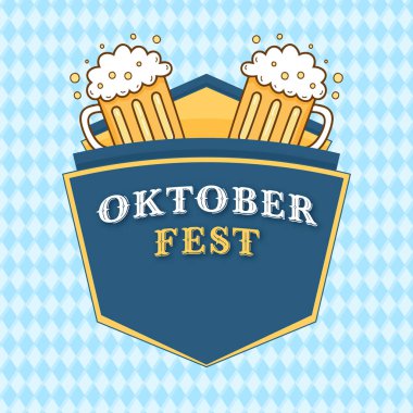 Oktoberfest kutlamaları için neşeli ve eğlenceli bir sembol. Bir kalkanın üzerinde iki çizgi film tarzı bira kupası, klasik mavi ve beyaz elmas desenli arka plan..