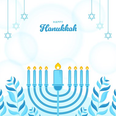 Yahudi Işık Festivali için temiz, modern ve zarif bir tebrik kartı. Hafif, havada asılı yıldızlarla kaplı arka planda yeşilliklerle çevrili stilize bir menorah..