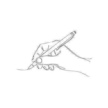 Minimalist ve zarif, tek satır halinde kalem tutan bir el çizimi. Bu basit çizim yazmayı, yaratıcılığı, eğitimi veya bir belgeyi imzalamayı sembolize eder..