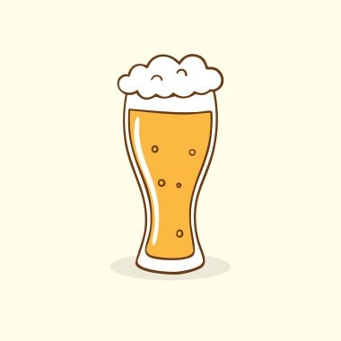 Bira dolu uzun bir pilsner bardağının basit ve şirin bir çizimi. Bir bar menüsü, parti daveti veya Ekim Festivali tasarımı için izole edilmiş vektör simgesi.