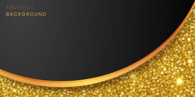 Pırıl pırıl altın parıltılı bir dokuya sahip zarif ve lüks bir arka plan tasarımı ve metin için pürüzsüz siyah bir alan, altın bir eğri ile ayrılmış..